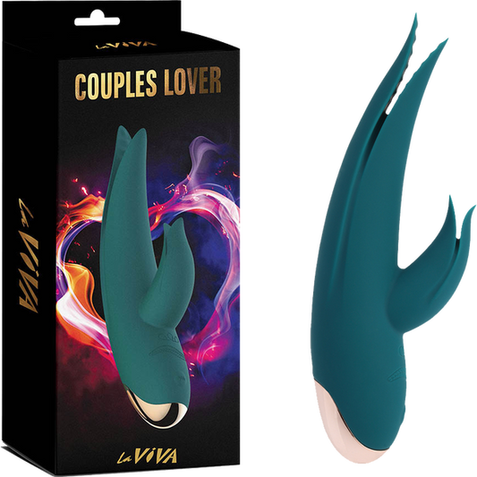 The product image shows the LaViva Couples Lover in a teal color, an adult toy with dual ends for multiple pleasure points. The toy appears sleek and modern, designed for intimate use.