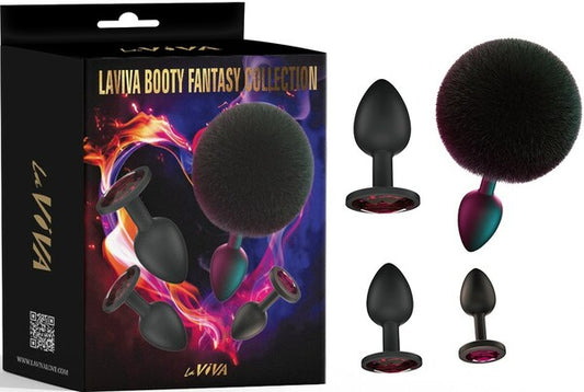 The image shows the LaViva Booty Fantasy Collection of butt plugs, which includes various sizes of plugs, each with a sparkling diamond at the base. The collection is displayed both in and out of its box, highlighting the design and size differences.