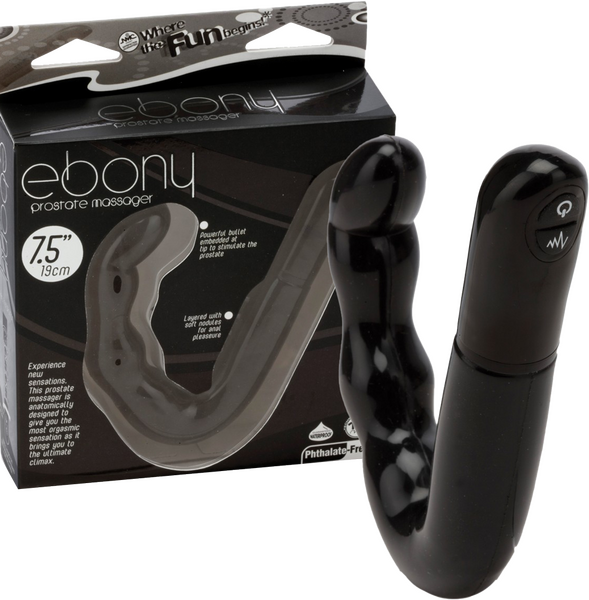 A black prostate massager with a curved design and a bullet tip. The product is shown alongside its packaging which highlights features such as '7.