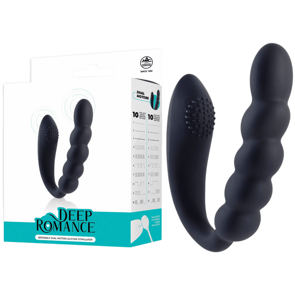 A black, bendable silicone stimulator with a beaded and nodules side, shown alongside its packaging that reads 'Deep Romance'.