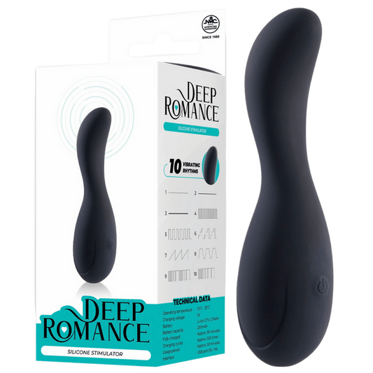 A black silicone stimulator with a smooth, curved design. The product is shown both in its packaging and separately.