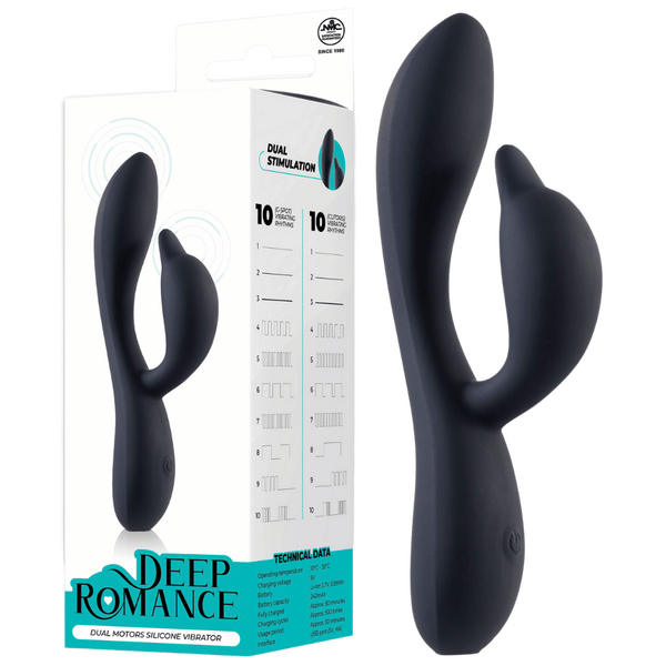 A black silicone vibrator with dual ends, one for clitoral stimulation and one for G-spot stimulation. The product is shown alongside its packaging which highlights the features such as dual motors, 10 clitoral and G-spot vibrating rhythms, and magnetic rechargeable functionality.
