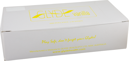 Packaging box of GLYDE Ultra Latex Cola Condoms, with the brand logo and the text 'Play Safe, don't forget your GLYDEs!' on the front.