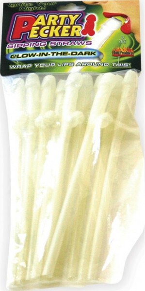 The image displays a pack of Party Pecker sipping straws, which are designed to resemble phallic shapes, intended for use as a novelty item at parties. The straws are presented in a clear plastic packaging that allows their glow-in-the-dark feature to be visible.