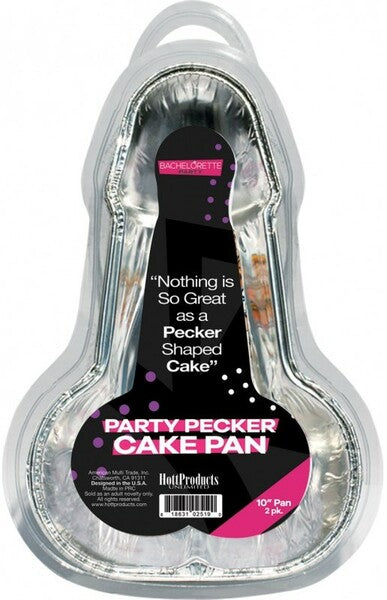 This image displays the Hott Products Unlimited Peter Party Cake Pan, designed for medium-sized party cakes. The cake pan is shaped humorously like a penis, tailored for adult-themed parties and bachelorette events.