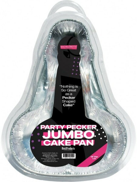 This image displays the Hott Products Unlimited Peter Party Cake Pan, designed for creating humorous, penis-shaped cakes for adult parties. The cake pan is large, measuring 14 inches in length, and comes in a pack of two.
