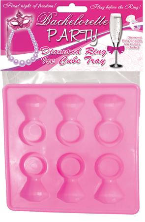 A pink ice cube tray with diamond ring molds, packaged with 'Bachelorette Party' and other details printed on the cover.