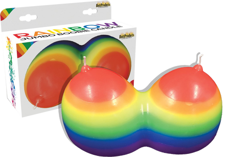 This image displays the Rainbow Jumbow Boobie Candle from Hott Products Unlimited. The candle is presented in a multi-colored, rainbow design, giving it a vibrant and eye-catching appearance.