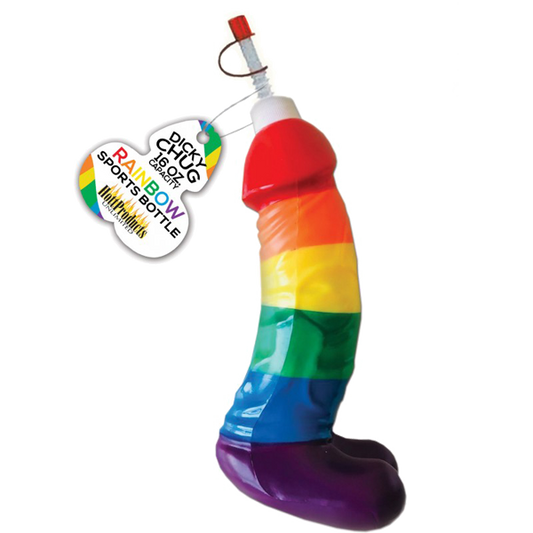 A multicolored sports bottle designed to resemble a phallic shape, primarily in rainbow colors, with a sports cap.