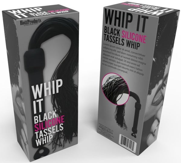 The product image shows the packaging of the "Whip It! Black Silicone Tassels Whip." The box displays the whip along with its name and the claim of being made from silicone material.