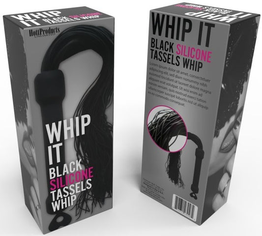 The product image shows the packaging of the "Whip It! Black Silicone Tassels Whip." The box displays the whip along with its name and the claim of being made from silicone material.