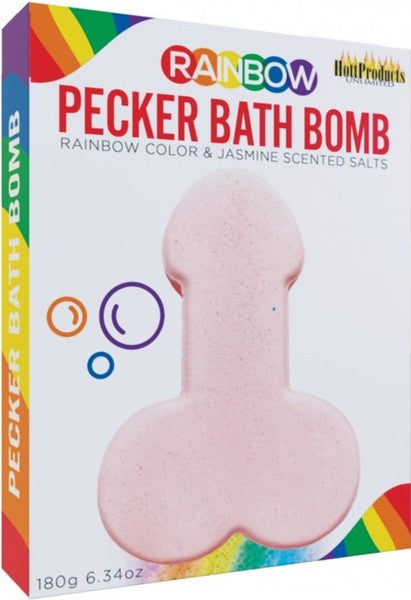 This image displays the Hott Products Unlimited Pecker Bath Bomb, presented in a vibrant packaging featuring rainbow colors. The bath bomb itself is shaped like a pecker, designed to add a playful and erotic twist to bath time.
