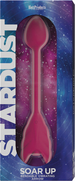 The product is a pink, arrow-shaped vibrator with a flexible neck, displayed in a box with a space-themed background.