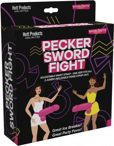 The image displays the packaging for the "Pecker Sword Fight" game by Hott Products Unlimited. The box features a bold, graphic design with illustrations of two inflatable peckers and cartoon-style people wearing these peckers as headgear.