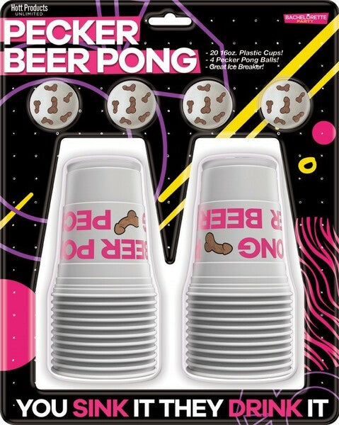 The image displays the Hott Products Unlimited Pecker Beer Pong Play Set, which includes white plastic cups with a cartoonish penis design and four pink pong balls, all packaged in a colorful box.