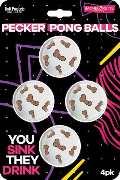This image features a set of four "Pecker Pong Balls" from Hott Products Unlimited, designed to enhance the fun of beer pong games. The balls, part of the adult novelty game category, are white and each adorned with a cartoonish drawing of a penis, intended to be a humorous icebreaker during gatherings.