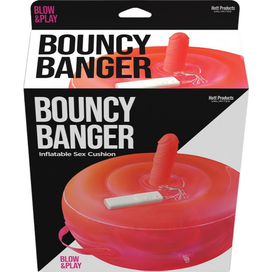 The product image shows the packaging of the Hott Products Bouncy Banger Inflatable Vibrating Dildo. The packaging is predominantly black with red accents, including a picture of the product itself which is an inflatable sex cushion with a removable vibrating dildo.