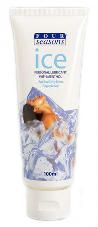 The image displays a tube of Four Seasons Ice Lubricant, prominently featuring the brand name and the word "ice" in blue and white colors, reflecting the product's cooling effect. The packaging indicates that this product is designed for enhancing sexual pleasure, suitable for both solo and couple play, and contains 100ml of the lubricant.