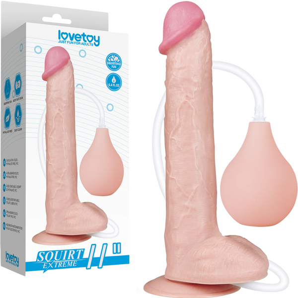 A realistic pink dildo with a detailed texture, a large bulbous base for holding liquid, and an attached white suction cup. The product is shown alongside its packaging.