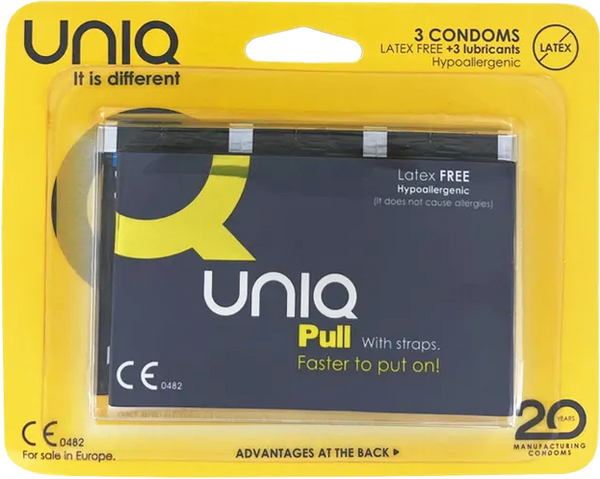 Packaging of GLYDE Unique Pull With Straps Condoms, showing a yellow and black card with the product branding and information, including that the product is latex-free and hypoallergenic.