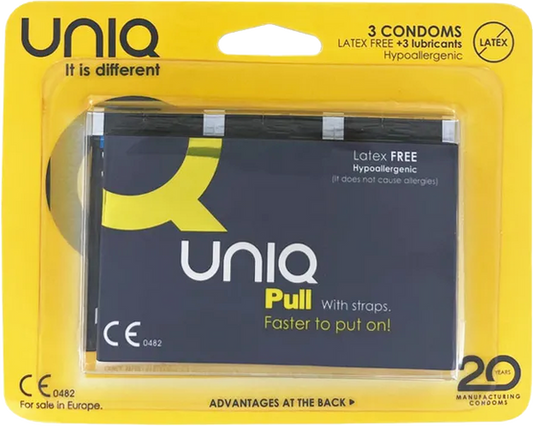 Packaging of GLYDE Unique Pull With Straps Condoms, showing a yellow and black card with the product branding and information, including that the product is latex-free and hypoallergenic.
