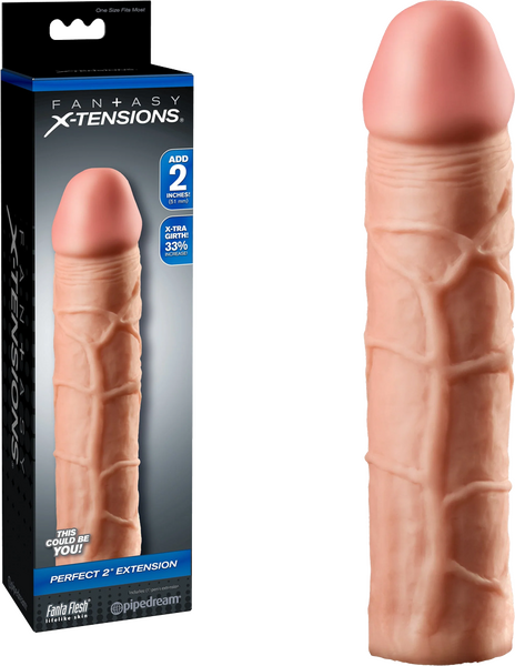 The product image shows a realistic-looking penis extender. It has detailed veins and textures, and is a light flesh color.