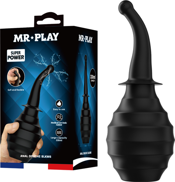 The image shows a black anal douche from the brand MR PLAY. The product is displayed both in its packaging and separately.