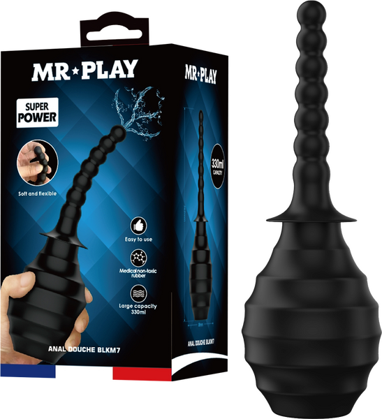 The image shows a black anal douche with a ribbed design and a flexible nozzle. The product is displayed in its packaging, which highlights features such as 'super power' and 'easy-squeeze hand bulb'.