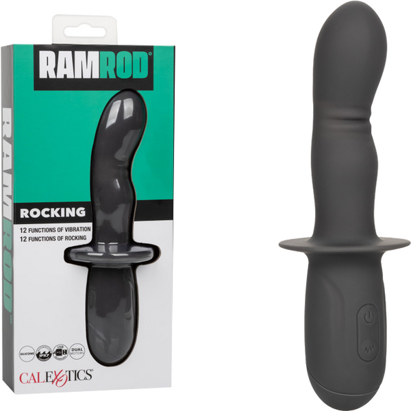 The image shows the Ramrod Rocking dual motor vibrator, with a sleek black design. The product is displayed both in its packaging and separately.