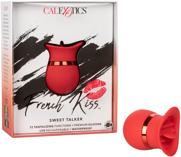 The product image shows the packaging of the French Kiss Sweet Talker, which includes a compact red massager. The box highlights the 12 flickering tongue-like functions and its suitability for travel.