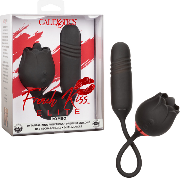 The product image shows the French Kiss Elite Romeo in its packaging, featuring a black and red design with the image of a sleek, black massager and its components.