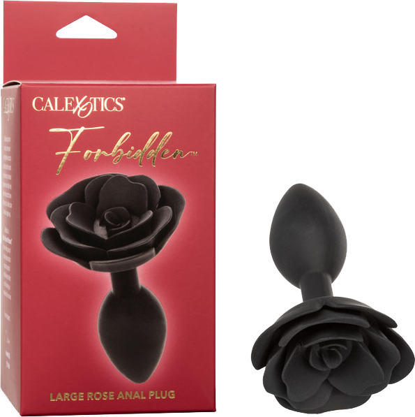 The image shows a black anal plug with a rose design, displayed both in its packaging and separately. The packaging is red with golden accents and branding details.