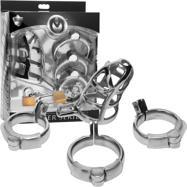 Xr Brands Chastity Cock Cage - Rust Resistant Steel Locking Hinged Ring Short Cage