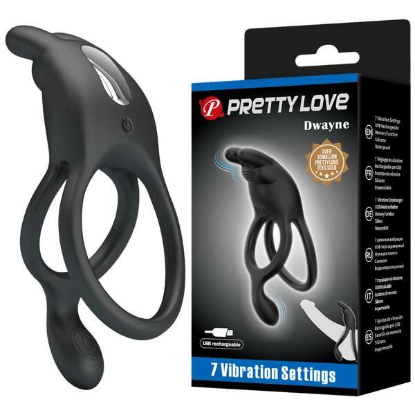 Pretty Love
Dwayne
A black rechargeable vibrating cock ring with dual stimulation design. The product is shown alongside its packaging, which highlights its key features, including 7 vibration settings.