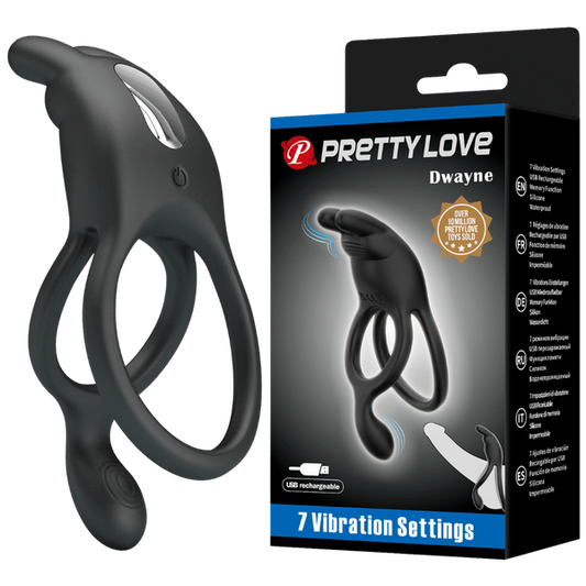 Pretty Love
Dwayne
A black rechargeable vibrating cock ring with dual stimulation design. The product is shown alongside its packaging, which highlights its key features, including 7 vibration settings.