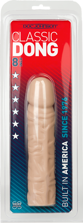 The image shows the packaging of the Doc Johnson Classic 8" Dong with Textured Veins. The product is visible through a clear plastic window, presented in a natural flesh color with prominent textured veins.