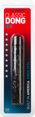 A 10-inch black dildo with textured veins, presented in clear packaging with the Doc Johnson brand visible.