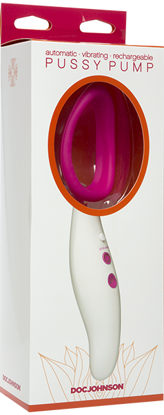 A white and purple automatic vibrating pussy pump with a transparent cup and a pink handle.