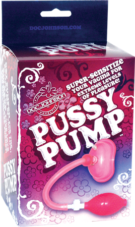 The product image shows the packaging of the Doc Johnson Pussy Pump, which is predominantly pink. The box features the product name and a visual of the pump inside.