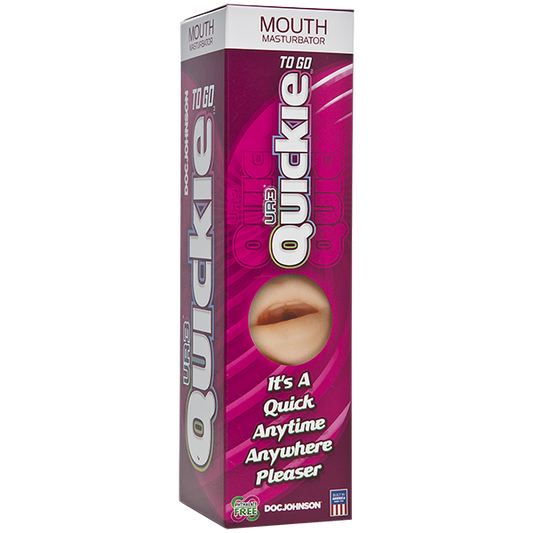 The product is a cylindrical masturbator in a pink and white packaging, labeled 'MOUTH' on the top, indicating it is designed to emulate the mouth sensation. The packaging highlights its portability and convenience for quick satisfaction anywhere, any time.