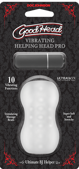 The product image shows the packaging of Doc Johnson GoodHead ULTRASKYN Vibrating Helping Head Mini Stroker Bullet Vibrator. The packaging is predominantly black with red and white accents, featuring the product name and description, along with the image of a clear, handheld stroker.