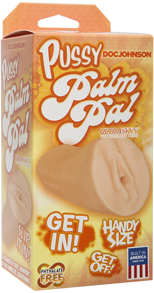 The product image shows the packaging of the Doc Johnson ULTRASKYN Palm Pal Pussy Masturbator. The box is predominantly white and orange, with a clear window displaying the beige-colored masturbator inside.
