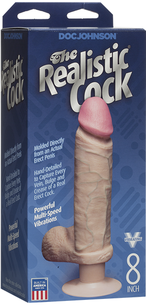 A realistic, flesh-colored dildo with a detailed design, attached to a box labeled 'Doc Johnson ULTRASKYN Vibrating 8"'.