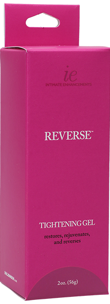 A pink box of Doc Johnson Reverse Tightening Gel with text detailing the product's purpose and ingredients.