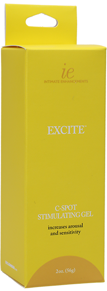 The image shows the packaging of Doc Johnson Intimate Enhancements Excite C-Spot Stimulating Gel. The box is primarily yellow with product information and branding.