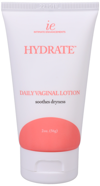 A tube of Doc Johnson Intimate Enhancements Hydrate Daily Vaginal Lotion with a white body and a pink label, indicating 2 oz. volume.
