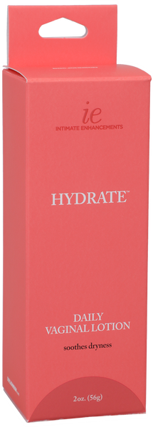 The image shows the packaging of Doc Johnson Intimate Enhancements Hydrate Daily Vaginal Lotion. The box is in a vibrant pink color with the product name clearly displayed.