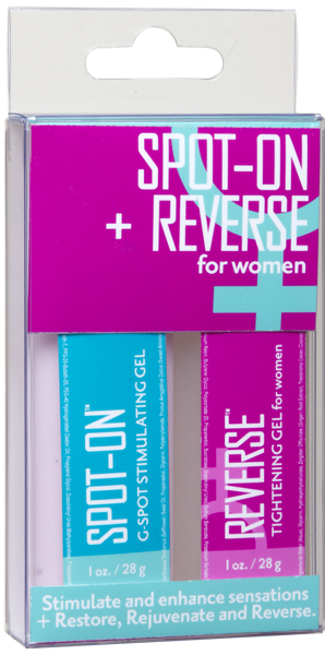 Packaging of Doc Johnson Spot-On Reverse for Women 2-Pack, featuring two travel-friendly bottles, one labeled 'Spot-On' for G-spot stimulation and one 'Reverse' for tightening, in purple and teal packaging.