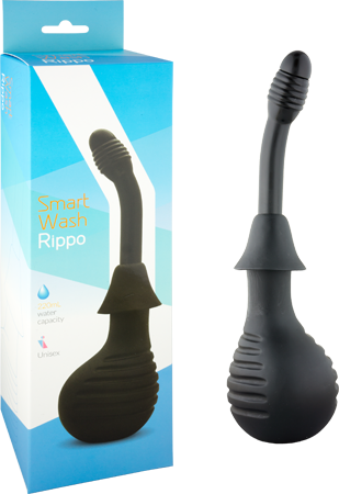 The product image shows a black enema kit, including the packaging box. The kit consists of a bulb and a flexible nozzle.