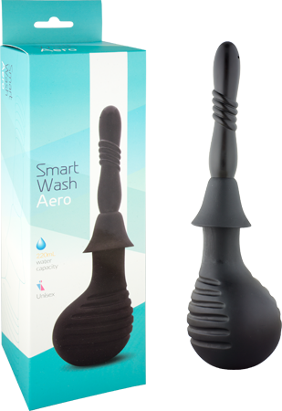 The product image shows the Seven Creations Smart Wash Aero Douche alongside its packaging. The package is predominantly blue, while the device itself is black with a sleek design.